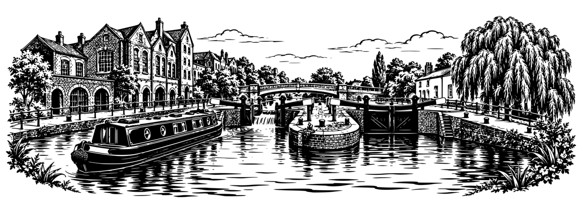 Camden Canal Discovery: black-and-white panoramic laser engraving artwork, design only.