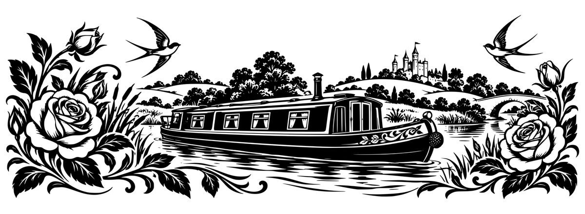 Canalboat Folk Garden — flat black-and-white panoramic laser engraving artwork. An unbranded narrowboat, ornamental roses, a tiny storybook castle and swallows in British canal folk-art style.