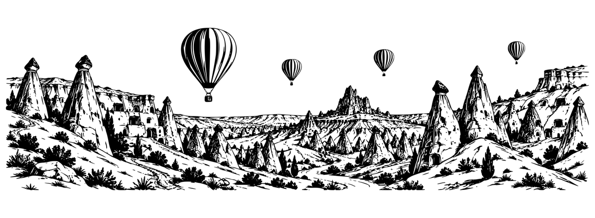 Cappadocia Skies panoramic black-and-white engraving design showing Cappadocia rock spires, rock-cut dwellings, valley trail and hot-air balloons; artwork only