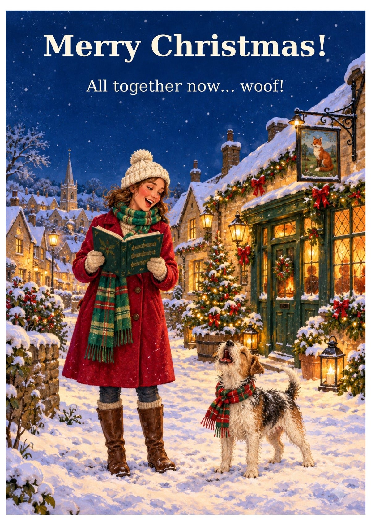 Christmas carol duet card with “Merry Christmas!” and “All together now... woof!”