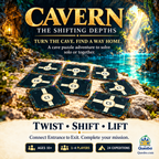 CAVERN: The Shifting Depths illustrated overview showing route cards beside a glowing underground pool.