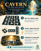 CAVERN: The Shifting Depths how-to-play guide illustrating setting up, turning and moving cards to connect an escape route.