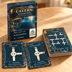 CAVERN: The Shifting Depths game box, cave cards and First Light expedition deck on a wooden table.