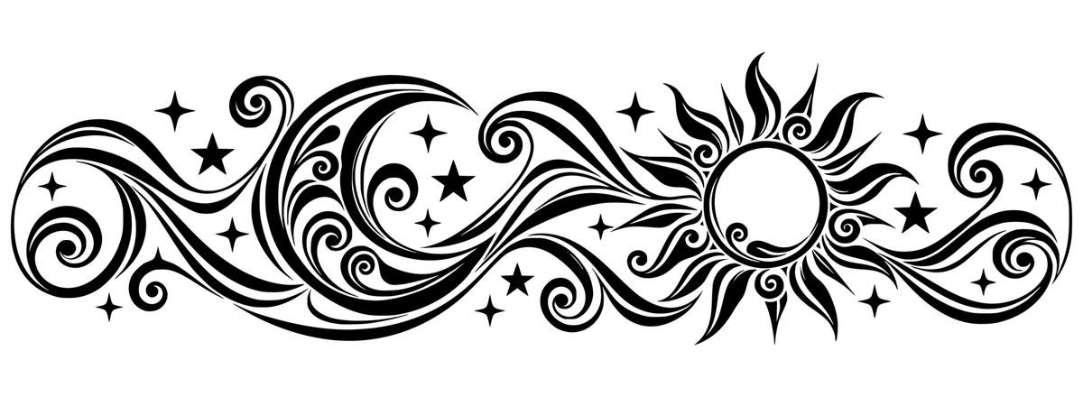 Celestial Quill black-and-white wrap engraving artwork showing a crescent moon, sunburst, stars and quilling-inspired curls; design only