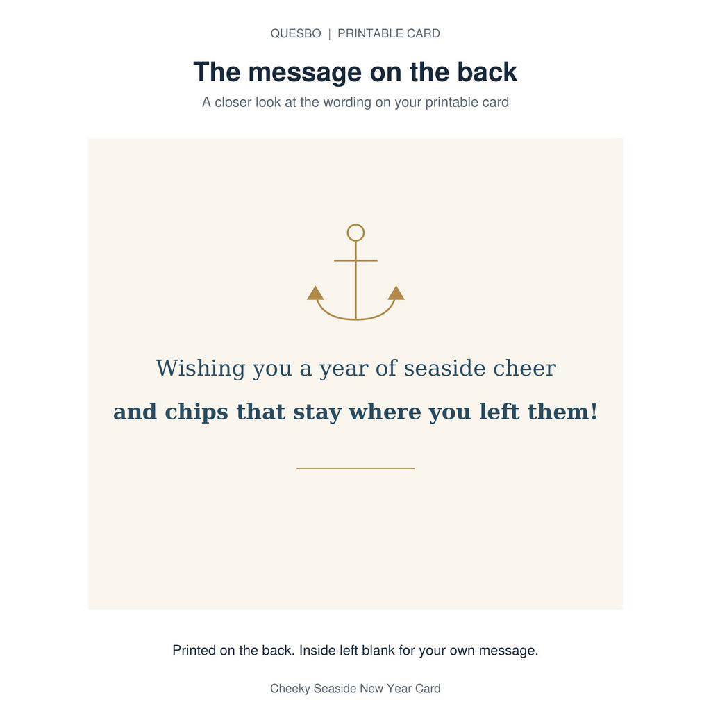 Printed message on the back of the PDF card: Wishing you a year of seaside cheer and chips that stay where you left them! The inside is blank for your own handwritten message.