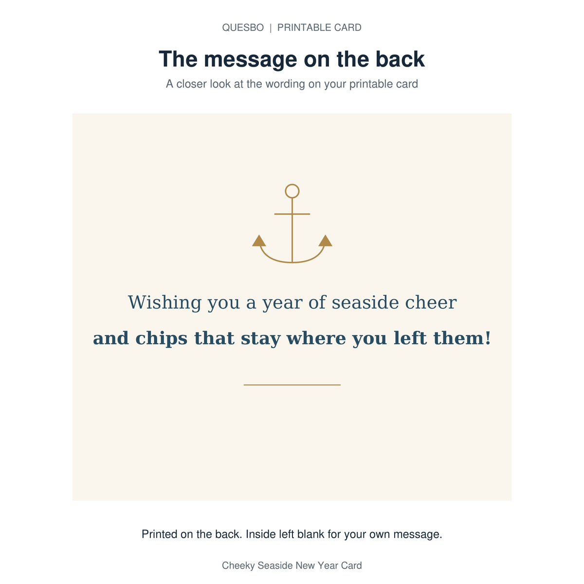 Printed message on the back of the PDF card: Wishing you a year of seaside cheer and chips that stay where you left them! The inside is blank for your own handwritten message.