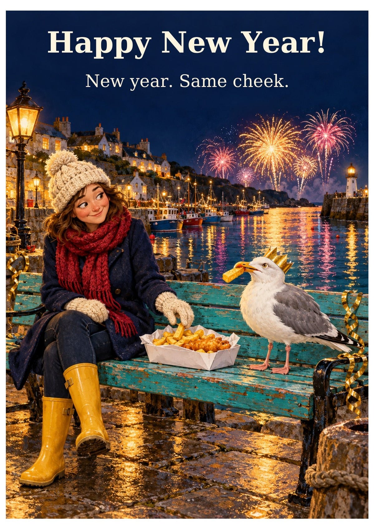British seaside New Year card with “Happy New Year!” and “New year. Same cheek.”
