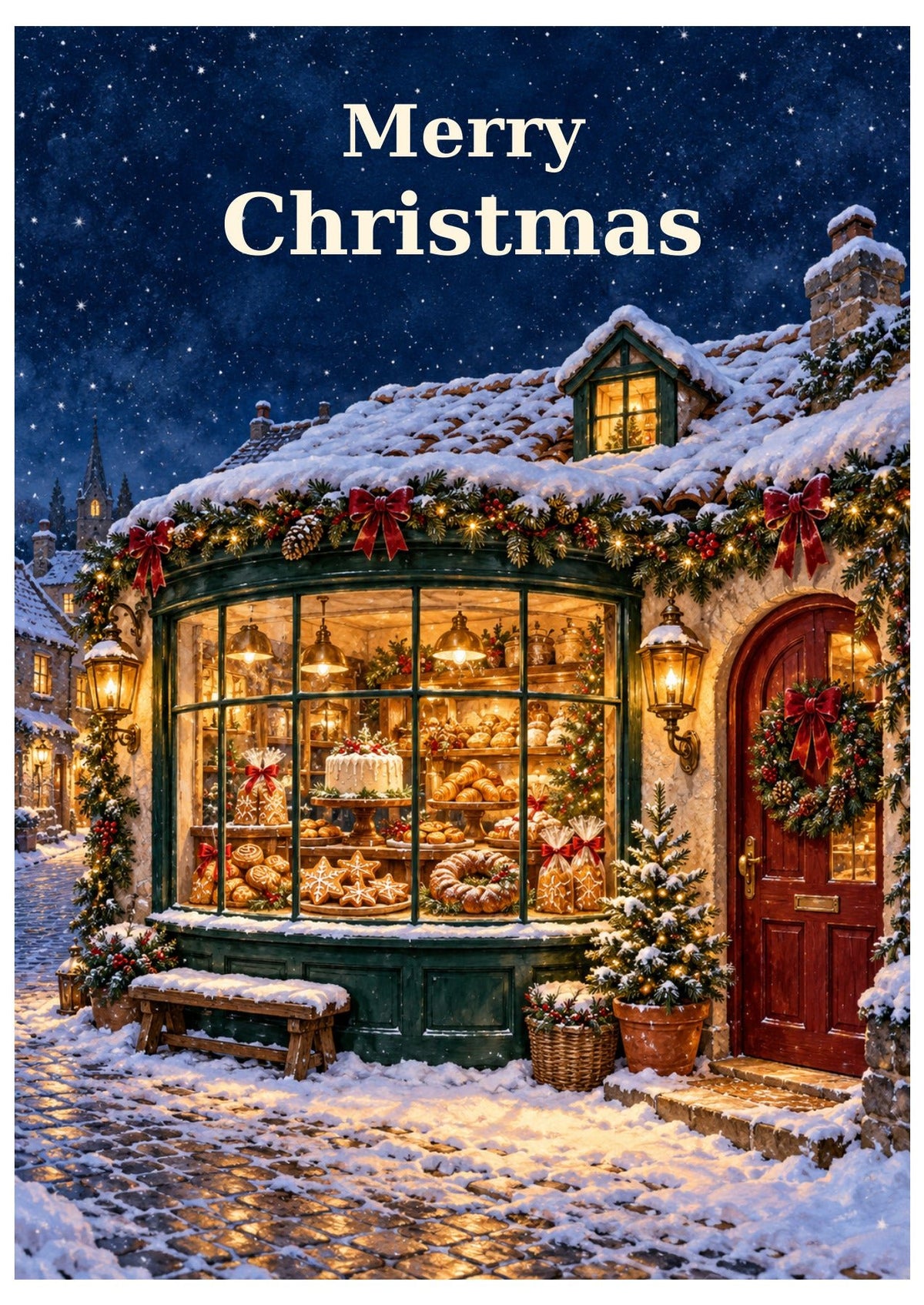 Snowy bakery shopfront decorated with festive greenery, warm window light and Merry Christmas lettering.