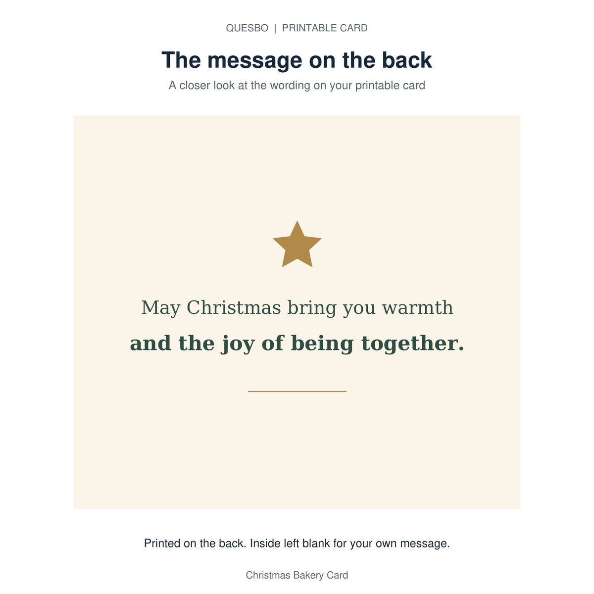 Printed message on the back of the PDF card: May Christmas bring you warmth and the joy of being together. The inside is blank for your own handwritten message.