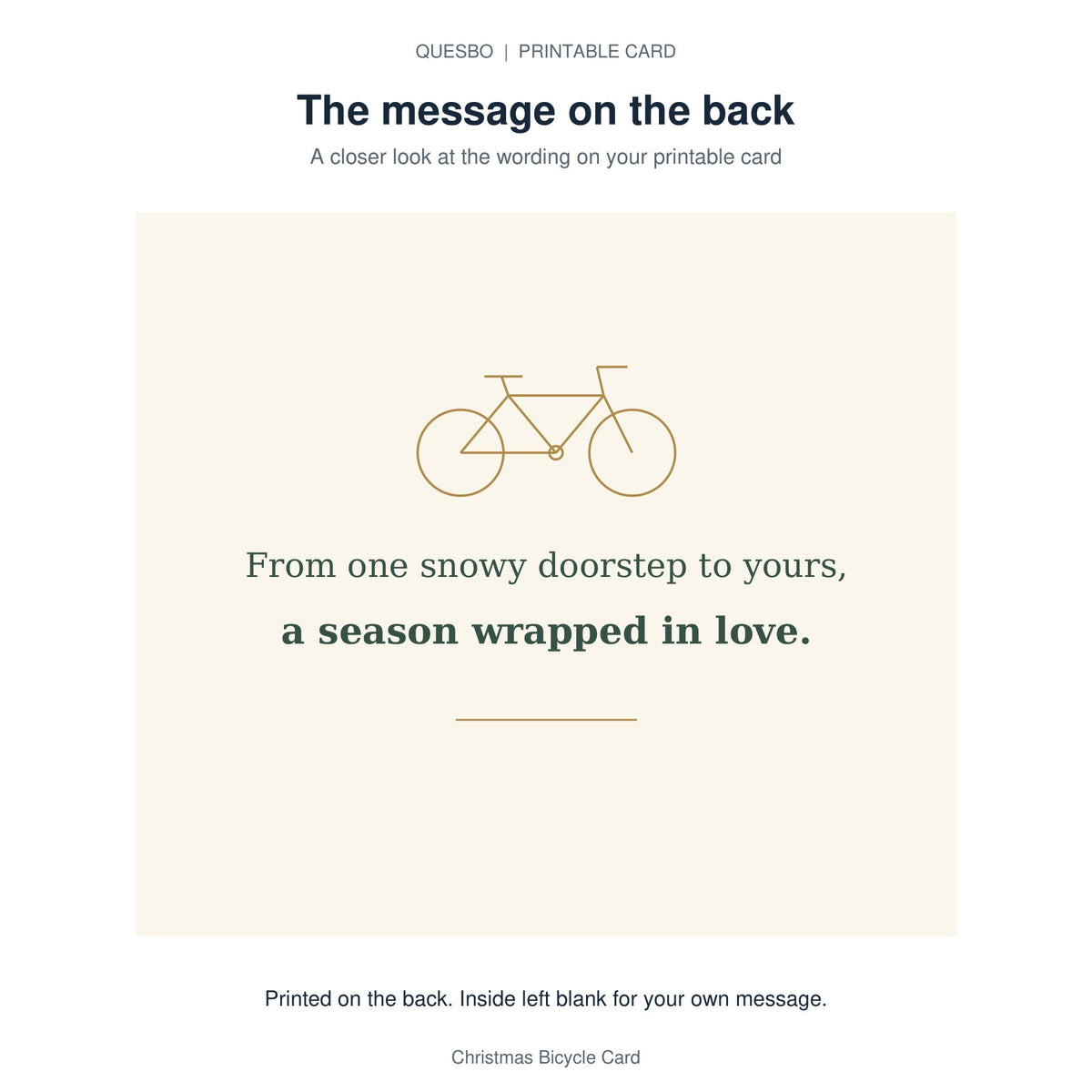 Printed message on the back of the PDF card: From one snowy doorstep to yours, a season wrapped in love. The inside is blank for your own handwritten message.
