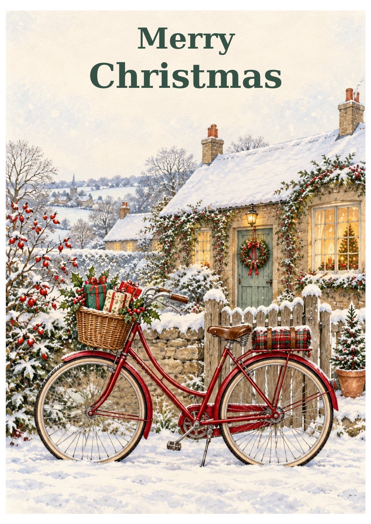 Bicycle-themed Christmas card with Merry Christmas lettering.