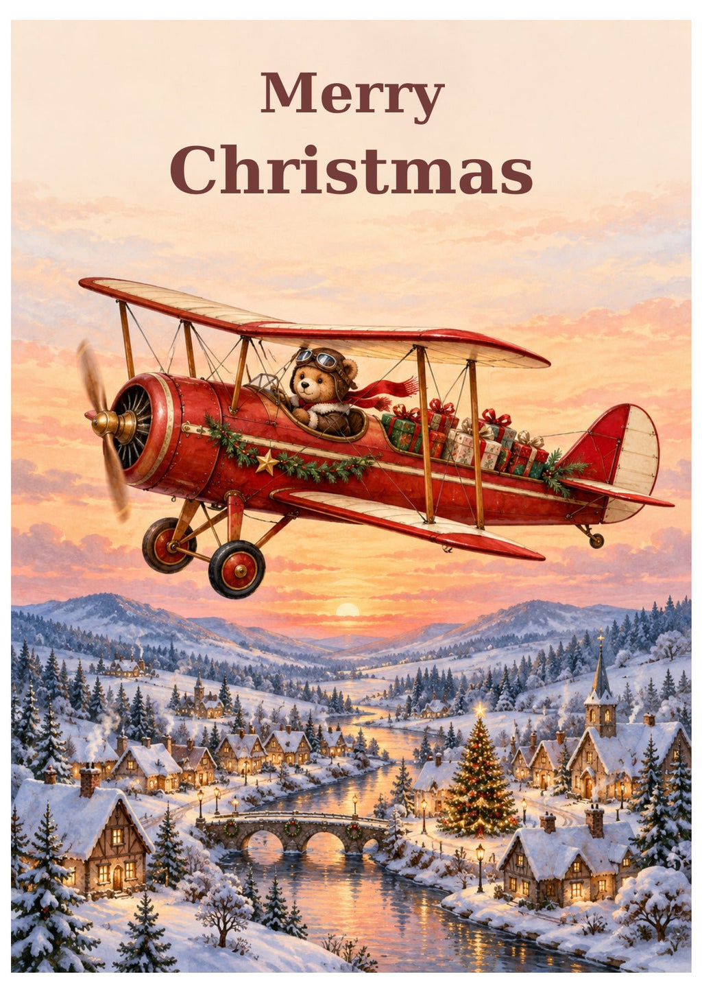 Biplane-themed Christmas card with Merry Christmas lettering.