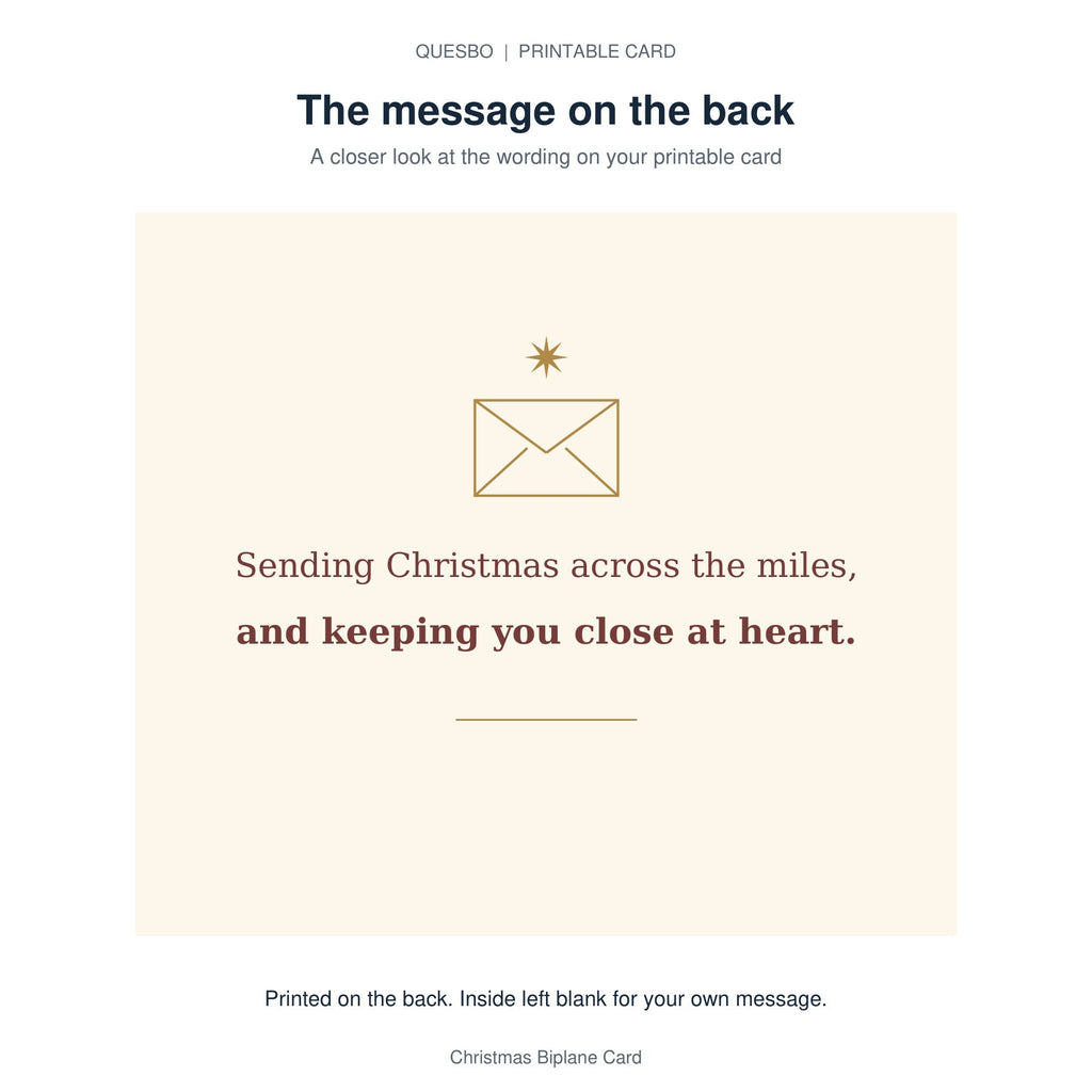 Printed message on the back of the PDF card: Sending Christmas across the miles, and keeping you close at heart. The inside is blank for your own handwritten message.