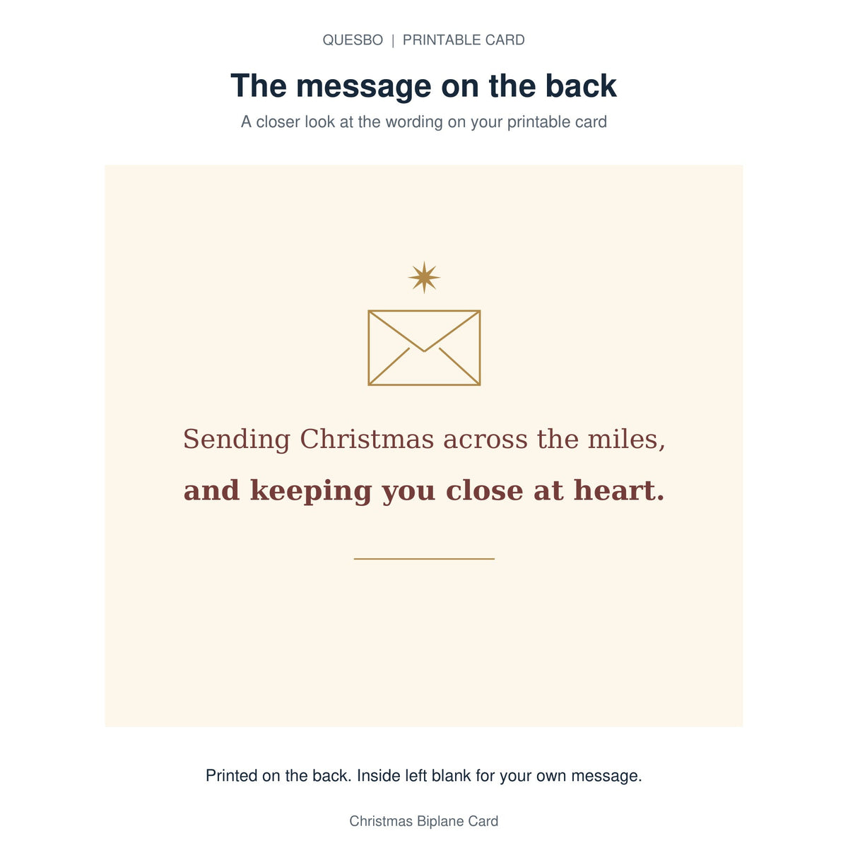 Printed message on the back of the PDF card: Sending Christmas across the miles, and keeping you close at heart. The inside is blank for your own handwritten message.