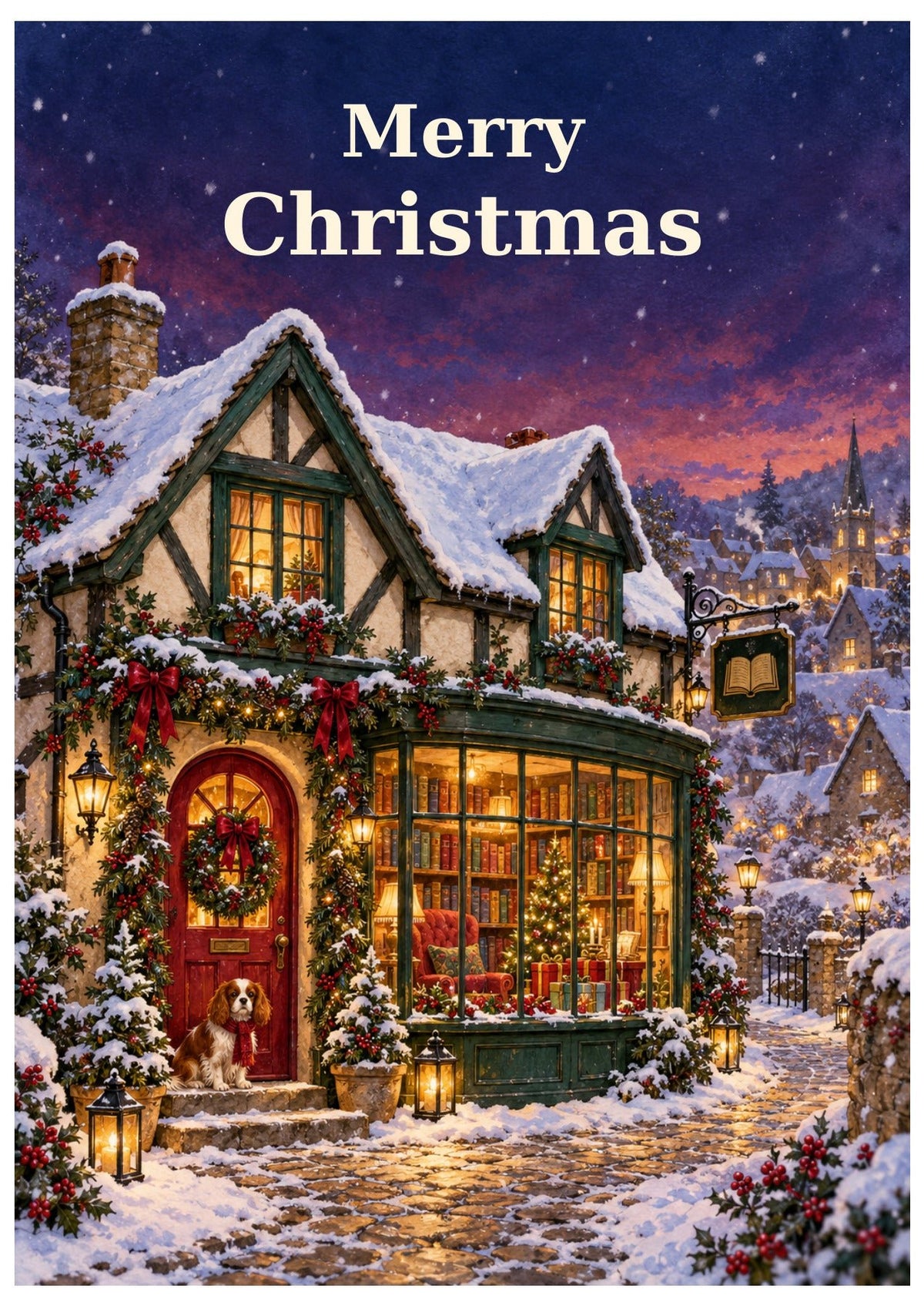 Snowy bookshop with warmly lit windows and Christmas decorations, beneath Merry Christmas lettering.