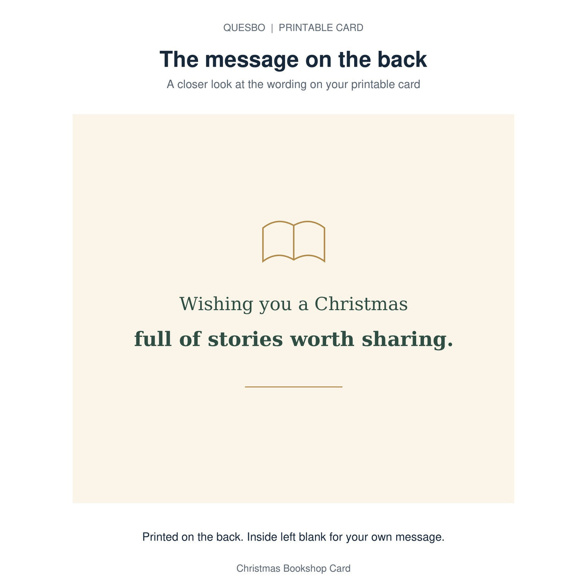 Printed message on the back of the PDF card: Wishing you a Christmas full of stories worth sharing. The inside is blank for your own handwritten message.