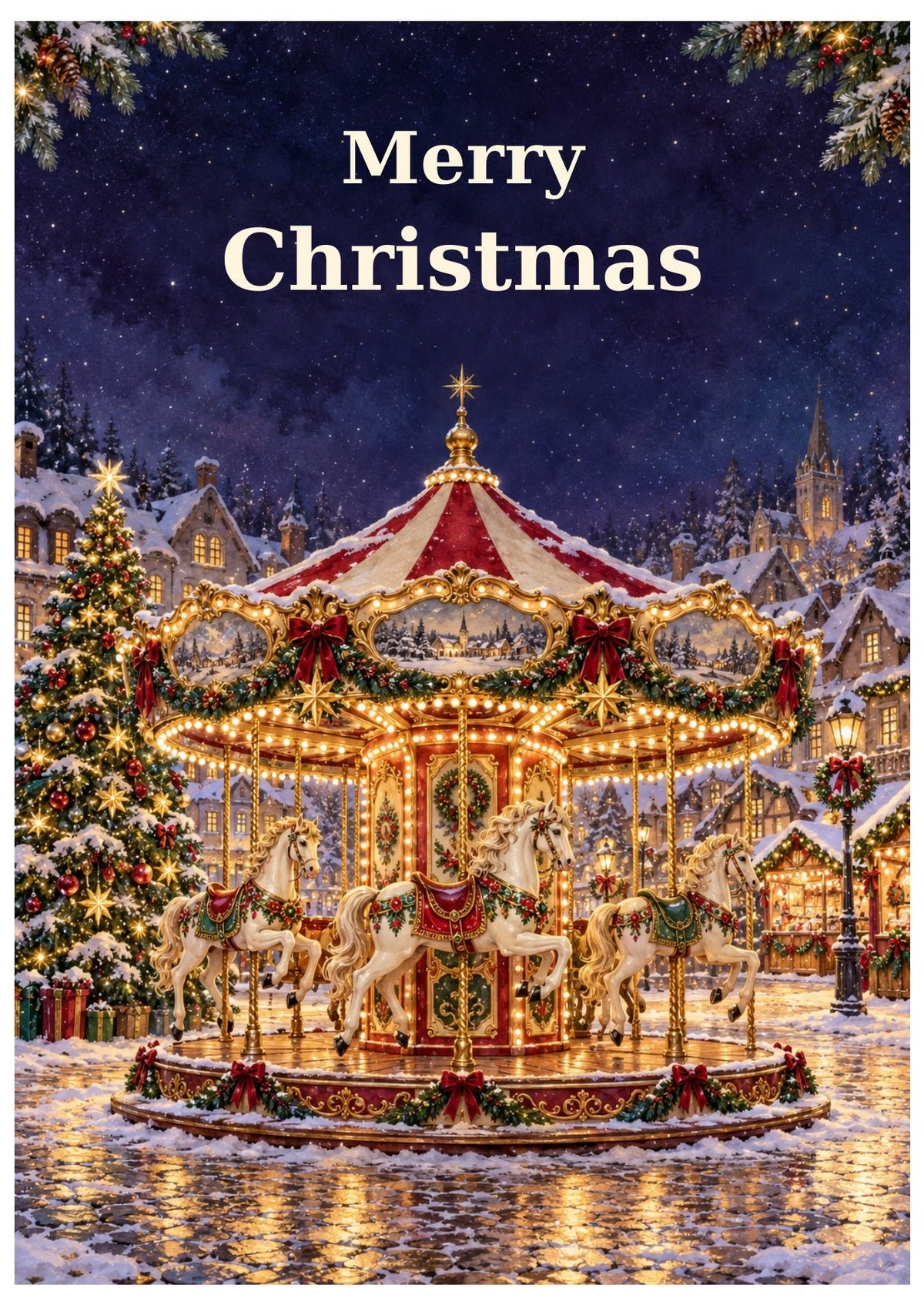 Illuminated carousel surrounded by snowy Christmas decorations, with Merry Christmas lettering.