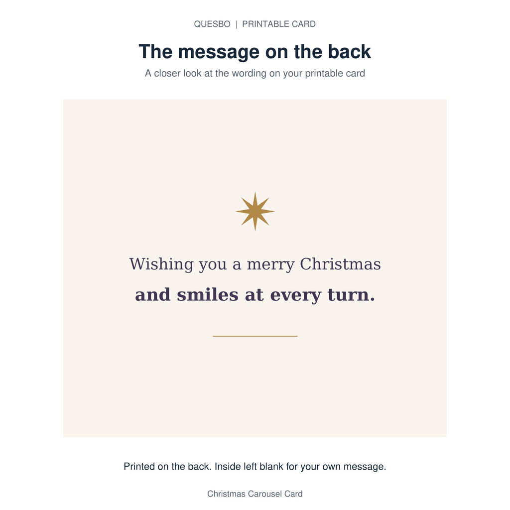 Printed message on the back of the PDF card: Wishing you a merry Christmas and smiles at every turn. The inside is blank for your own handwritten message.