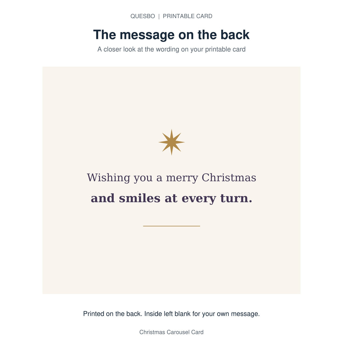 Printed message on the back of the PDF card: Wishing you a merry Christmas and smiles at every turn. The inside is blank for your own handwritten message.