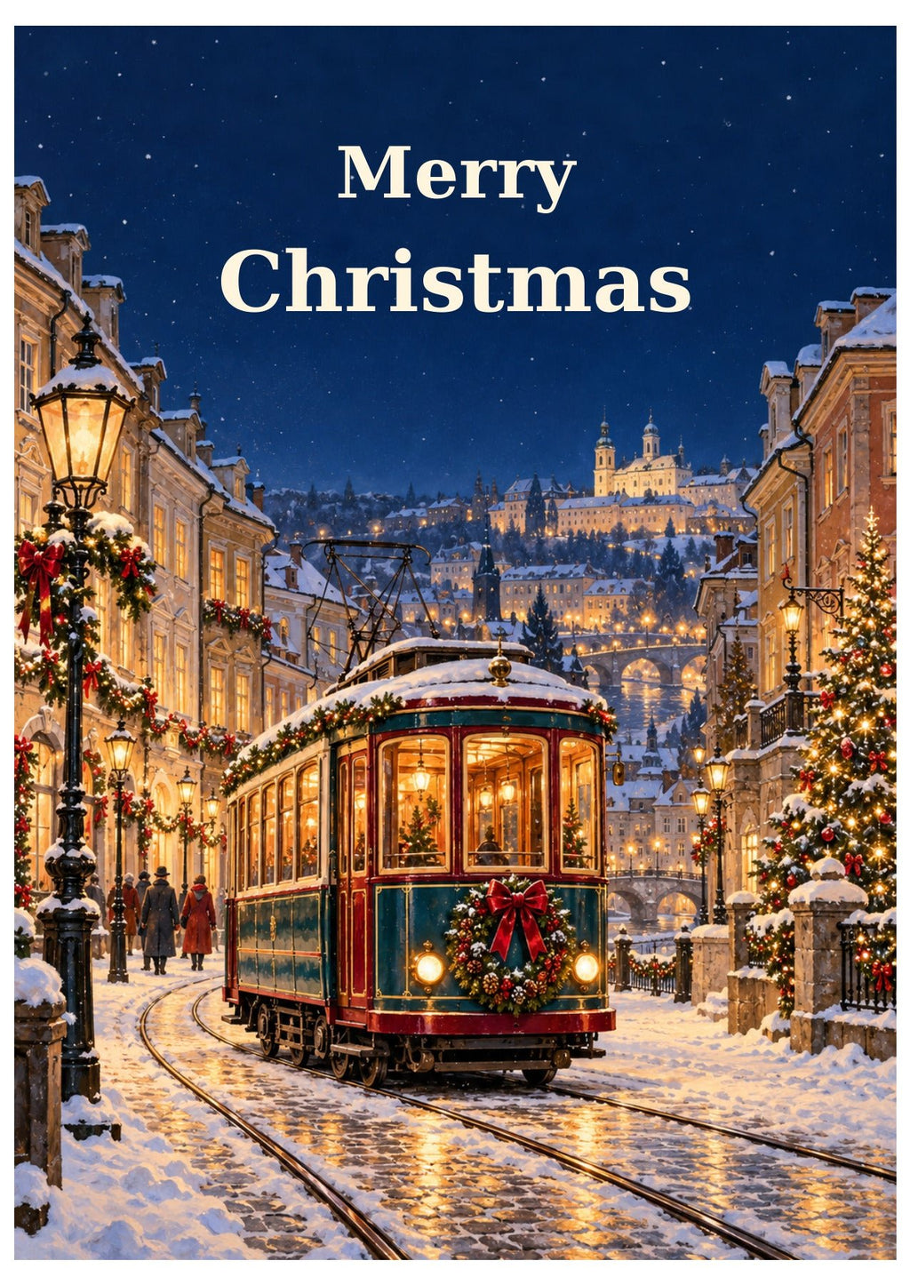 City tram Christmas card with Merry Christmas lettering.