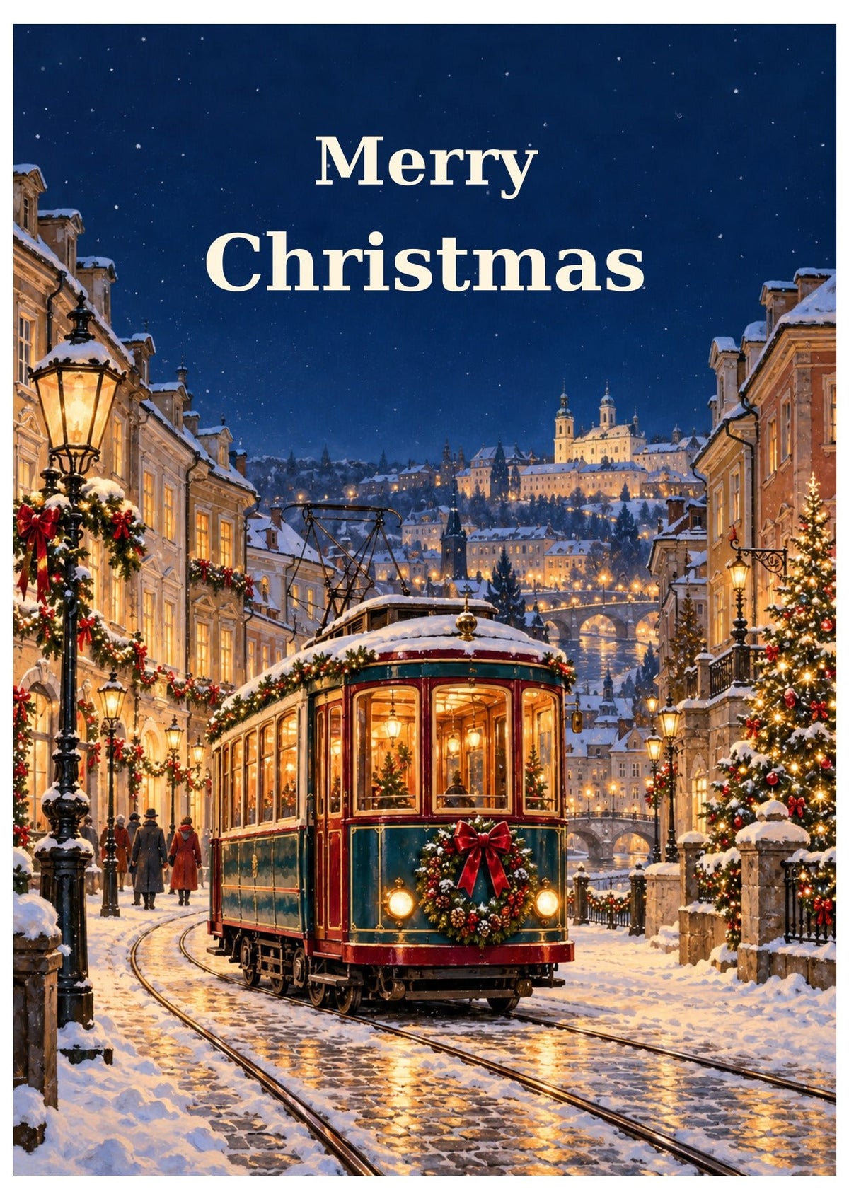 City tram Christmas card with Merry Christmas lettering.