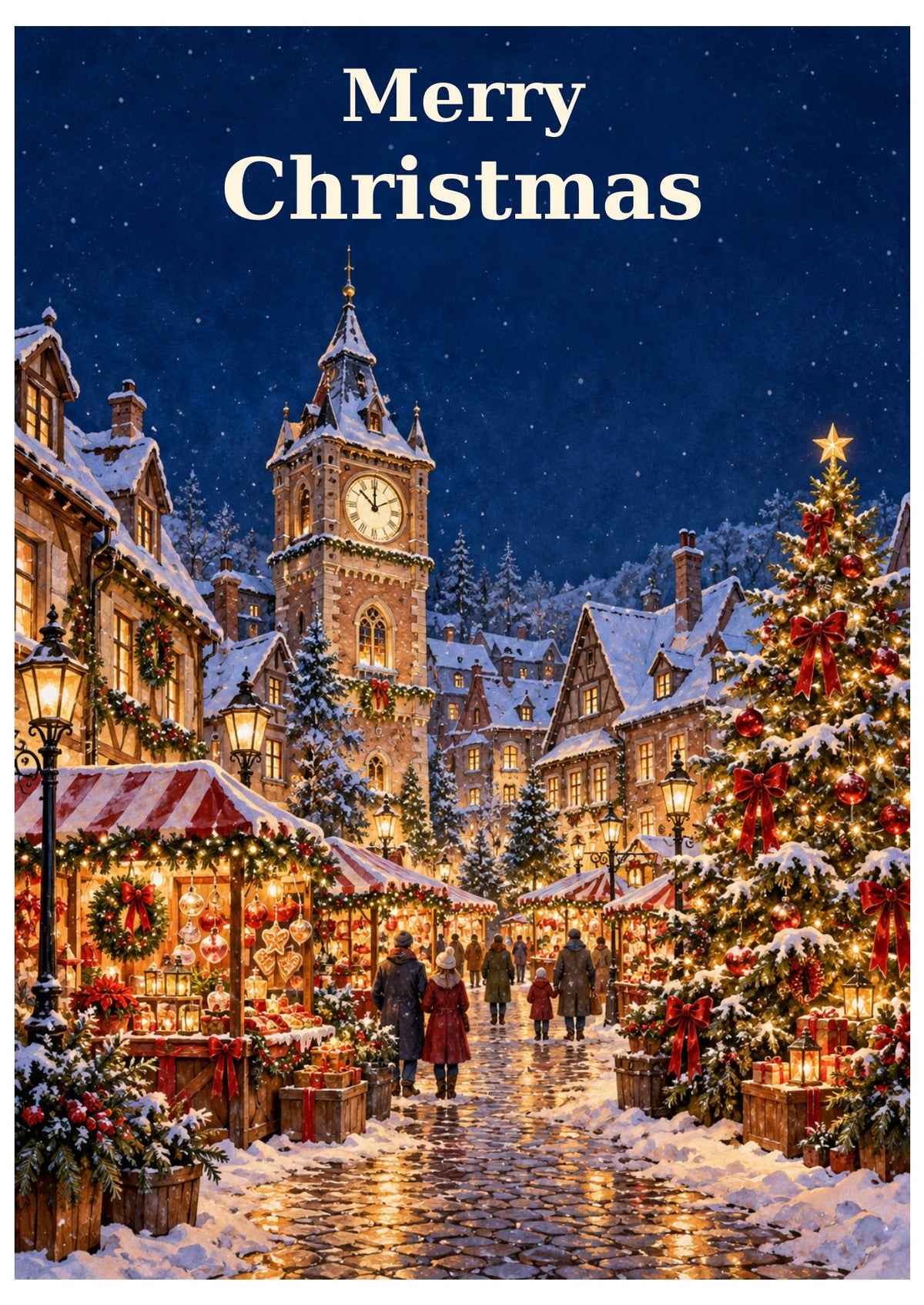 Clock tower market Christmas card with Merry Christmas lettering.