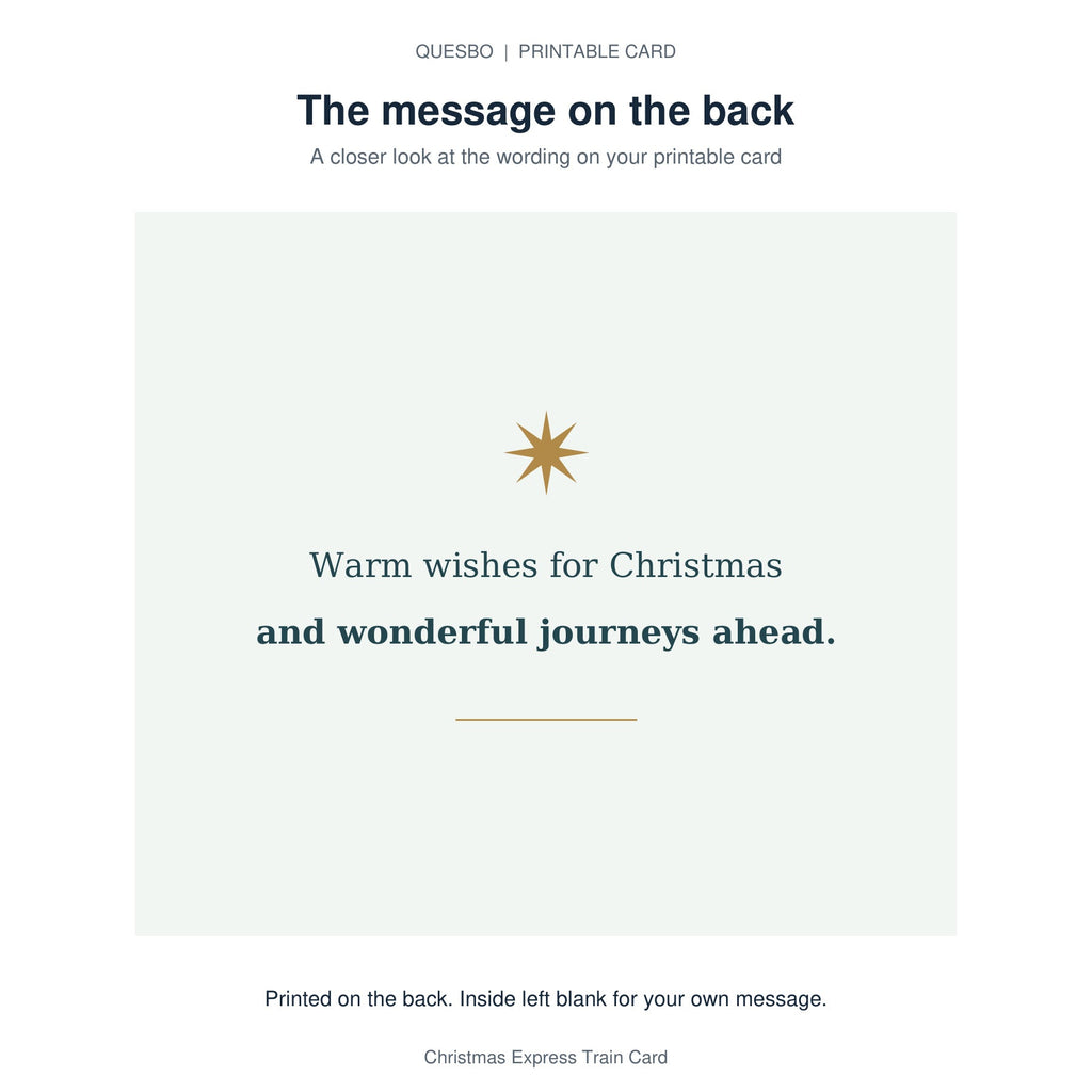 Printed message on the back of the PDF card: Warm wishes for Christmas and wonderful journeys ahead. The inside is blank for your own handwritten message.
