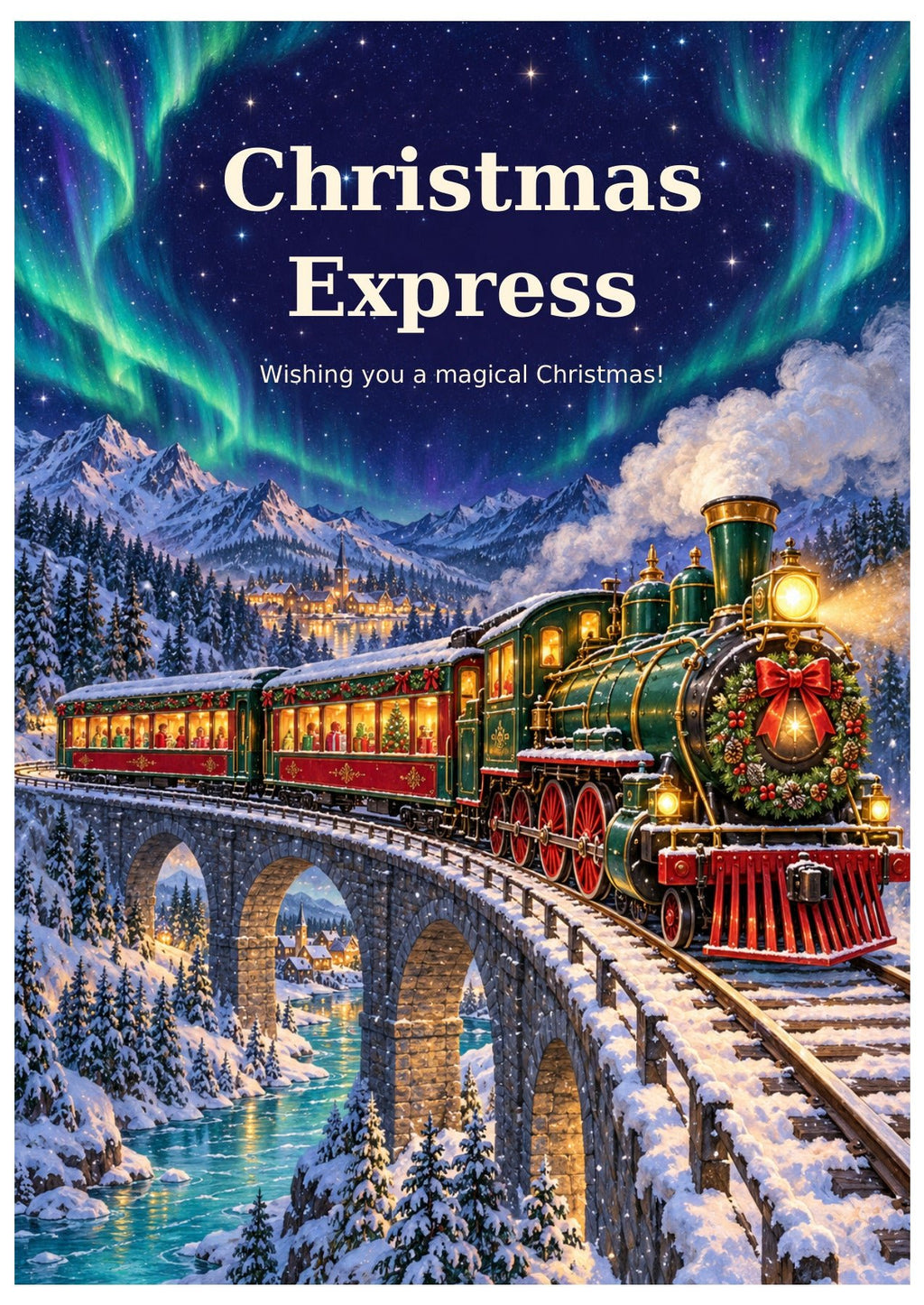 Decorated steam train crossing a snowy viaduct under northern lights, with Christmas Express lettering.