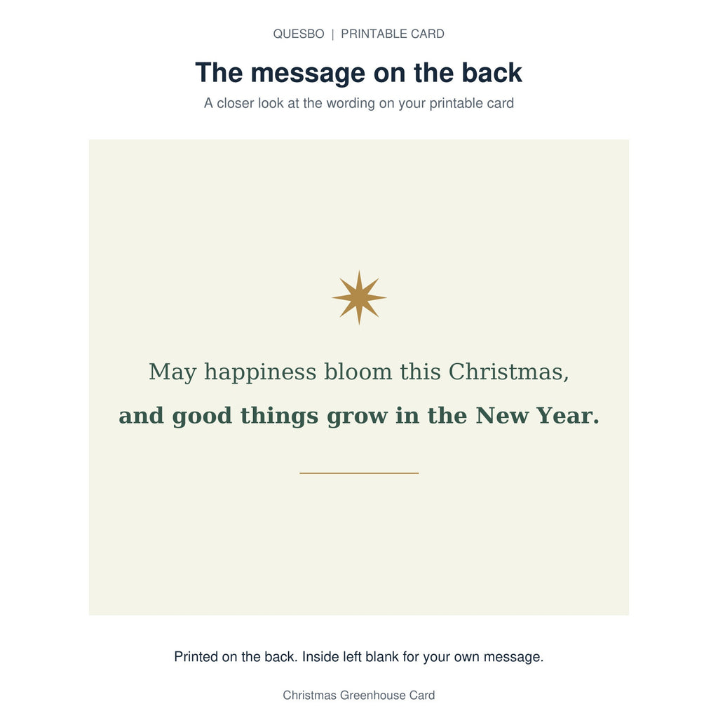 Printed message on the back of the PDF card: May happiness bloom this Christmas, and good things grow in the New Year. The inside is blank for your own handwritten message.