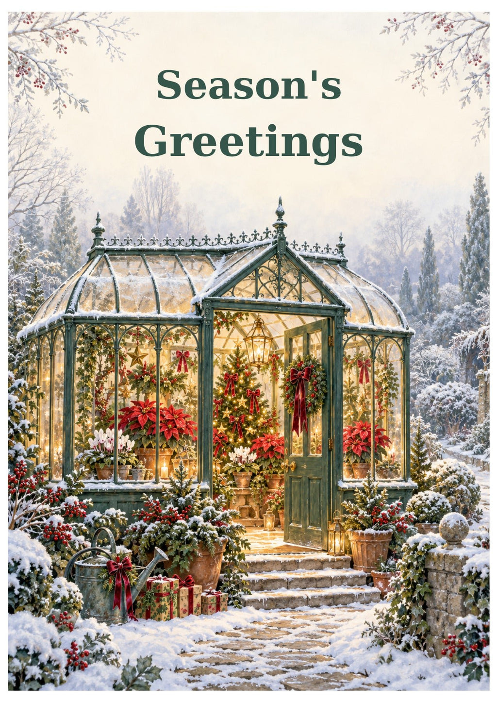 Glowing greenhouse with festive plants in a snowy garden, beneath Season’s Greetings lettering.