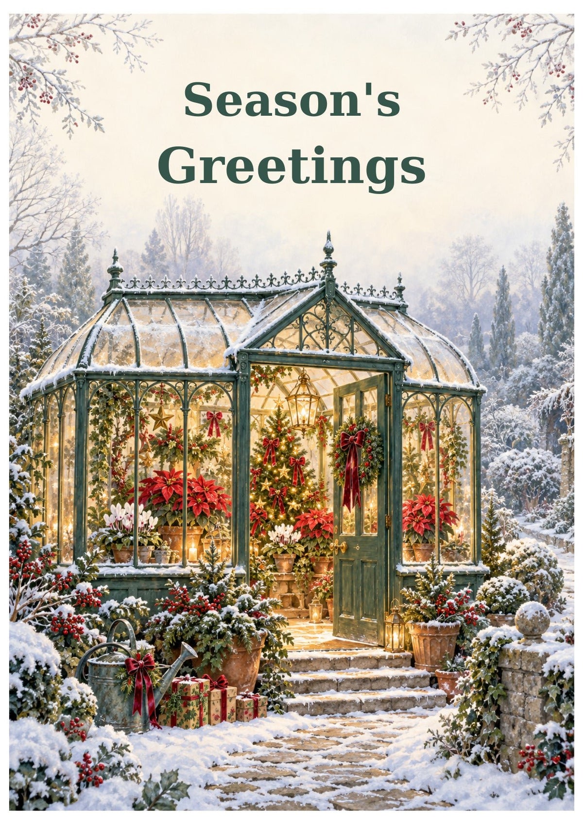 Glowing greenhouse with festive plants in a snowy garden, beneath Season’s Greetings lettering.