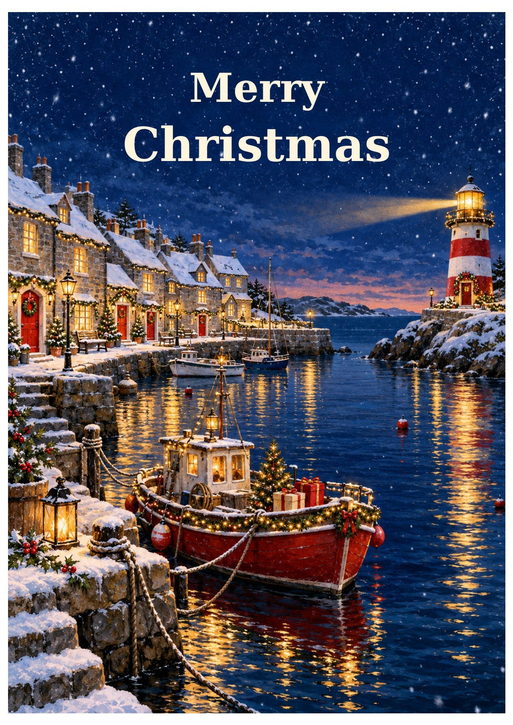 Snowy harbour with a red boat, striped lighthouse and festive lights, beneath Merry Christmas lettering.