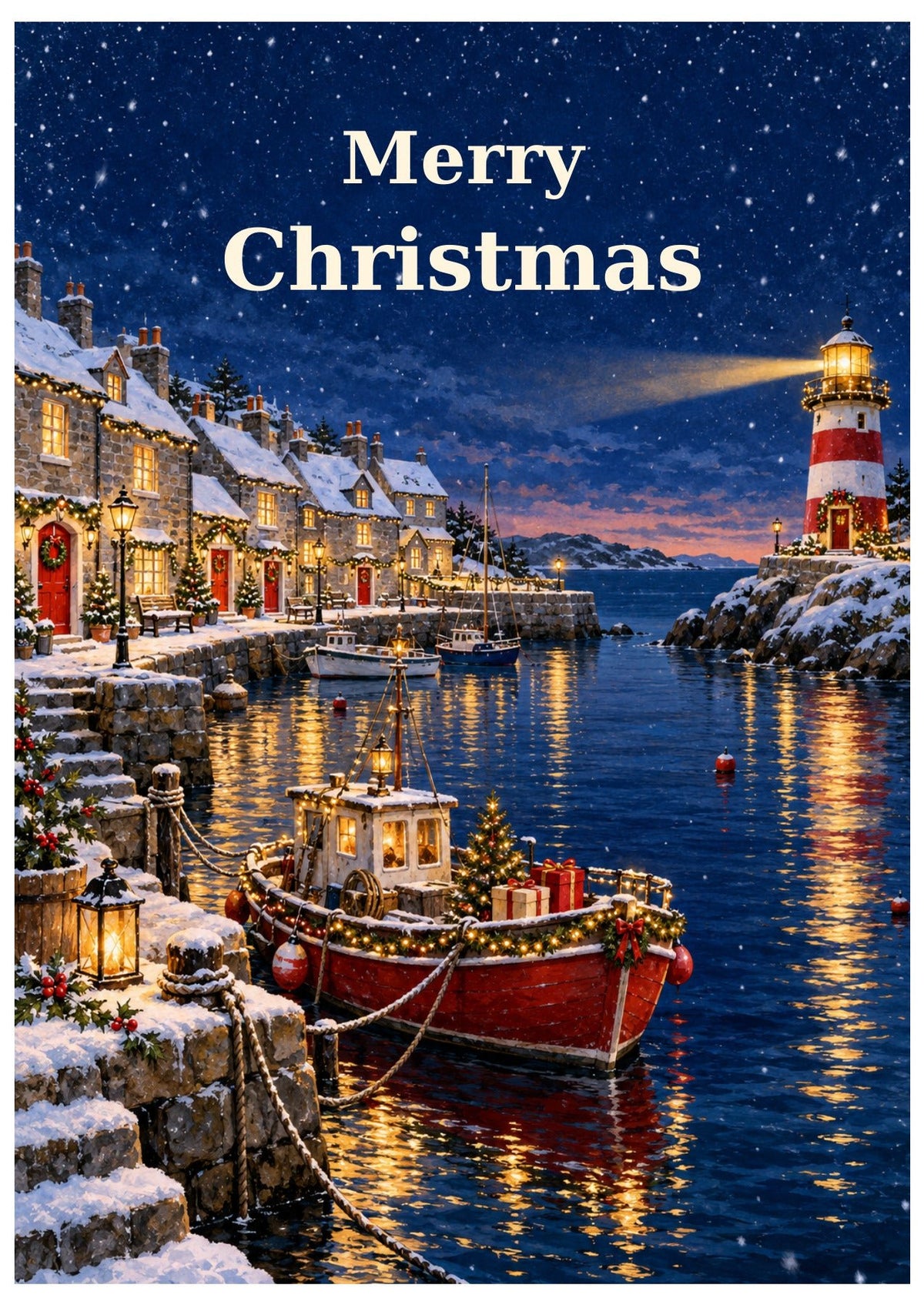 Snowy harbour with a red boat, striped lighthouse and festive lights, beneath Merry Christmas lettering.