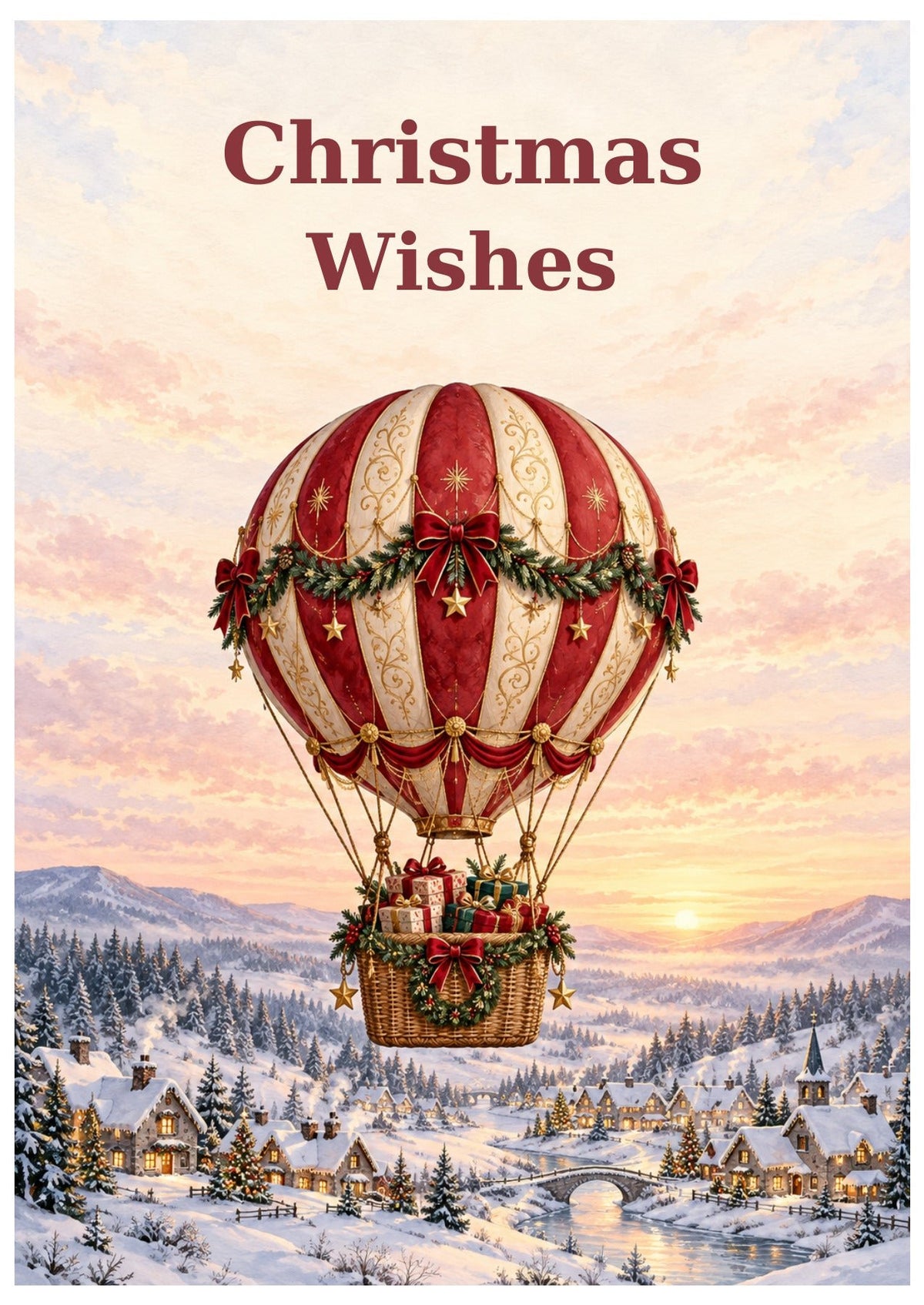 Festively decorated red-and-cream hot air balloon above a snowy village, with Christmas Wishes lettering.