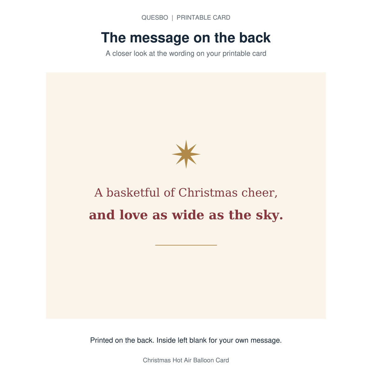 Printed message on the back of the PDF card: A basketful of Christmas cheer, and love as wide as the sky. The inside is blank for your own handwritten message.