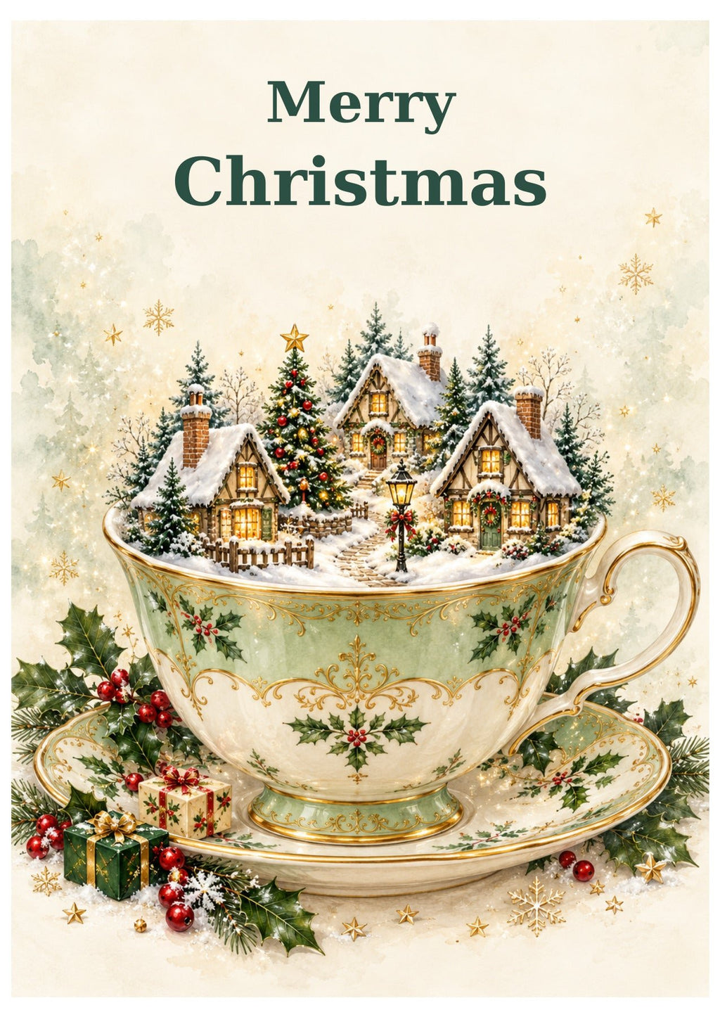 Teacup-themed Christmas card with Merry Christmas lettering.