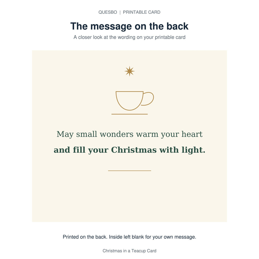Printed message on the back of the PDF card: May small wonders warm your heart and fill your Christmas with light. The inside is blank for your own handwritten message.