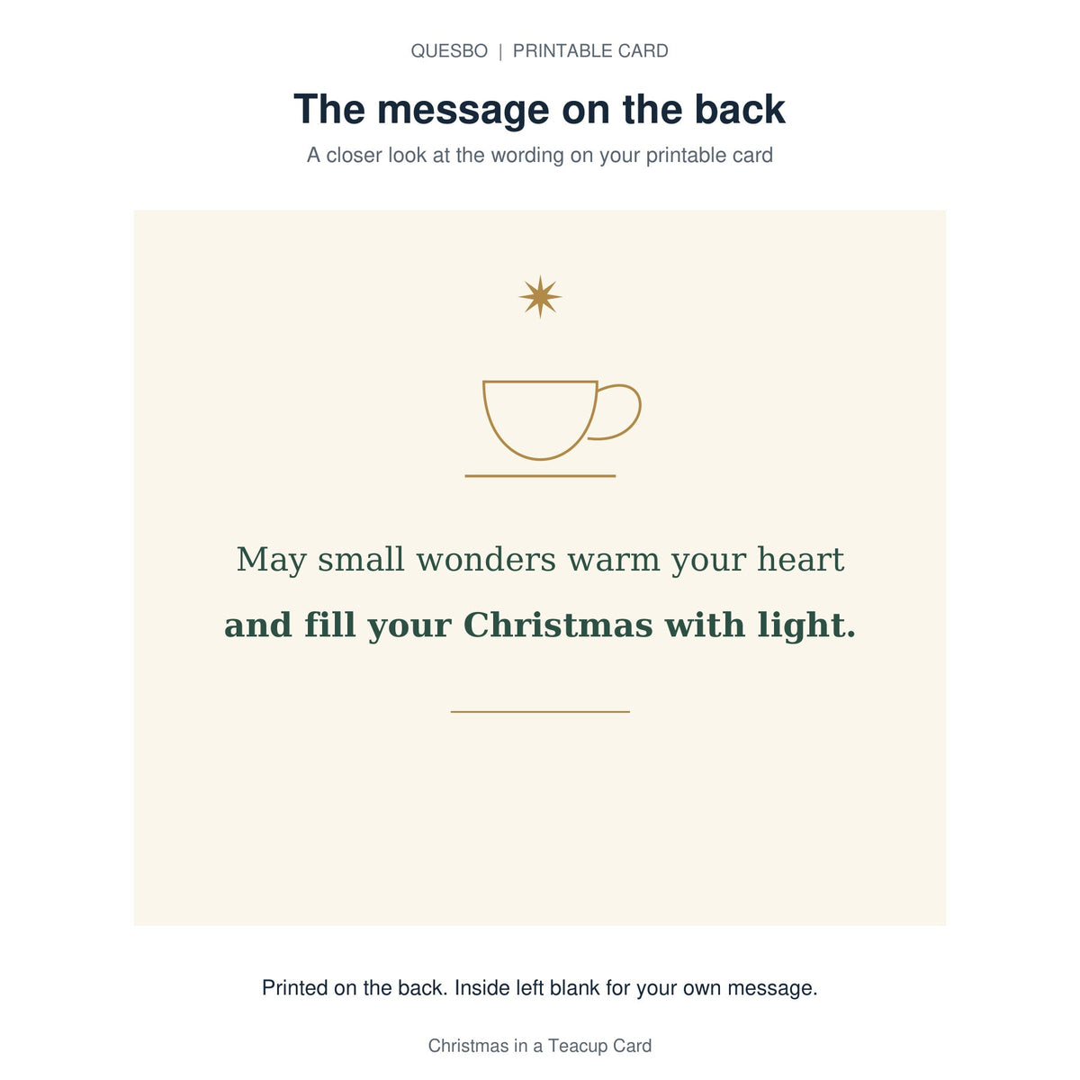 Printed message on the back of the PDF card: May small wonders warm your heart and fill your Christmas with light. The inside is blank for your own handwritten message.