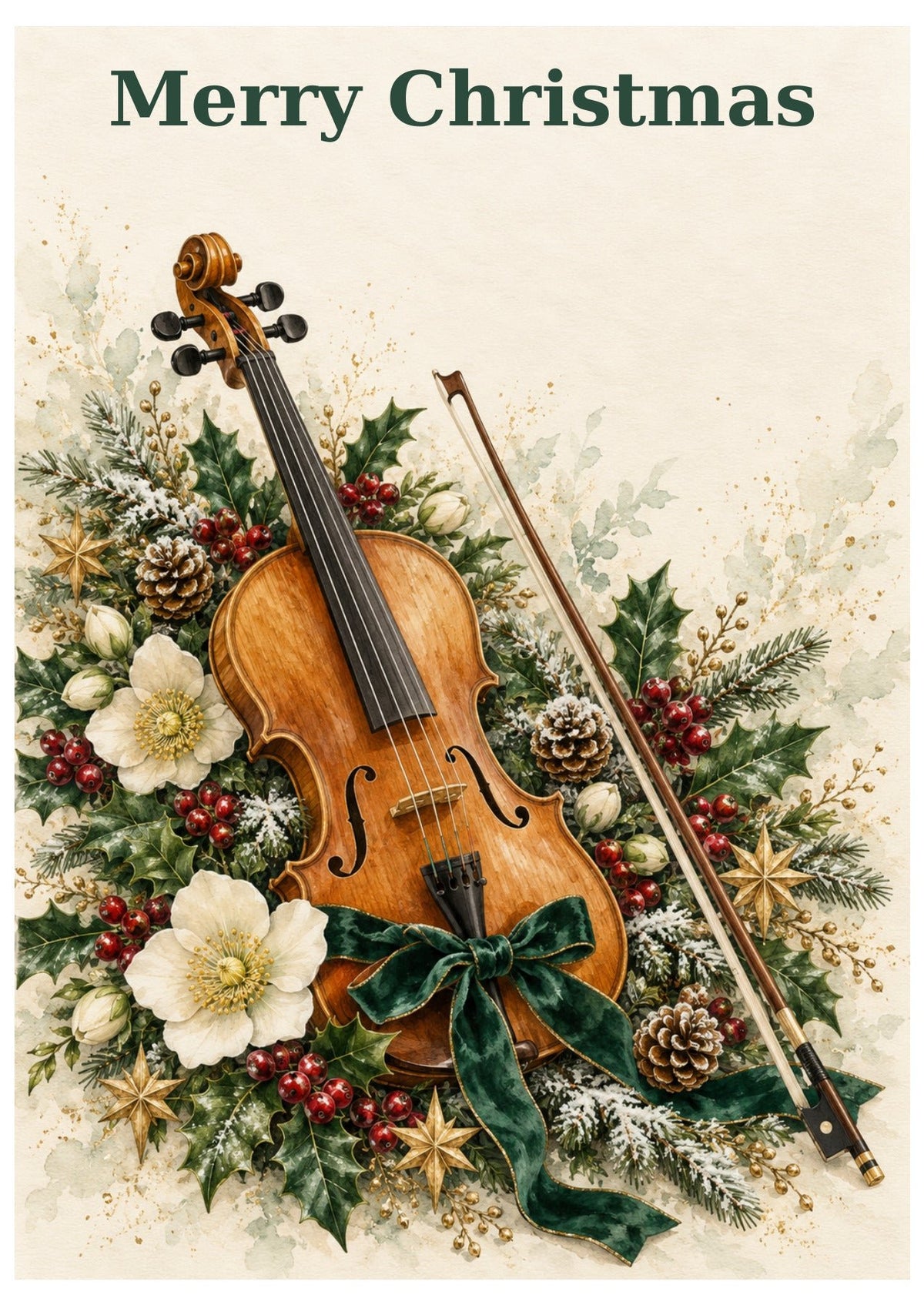 Violin themed Christmas card with “Merry Christmas.”