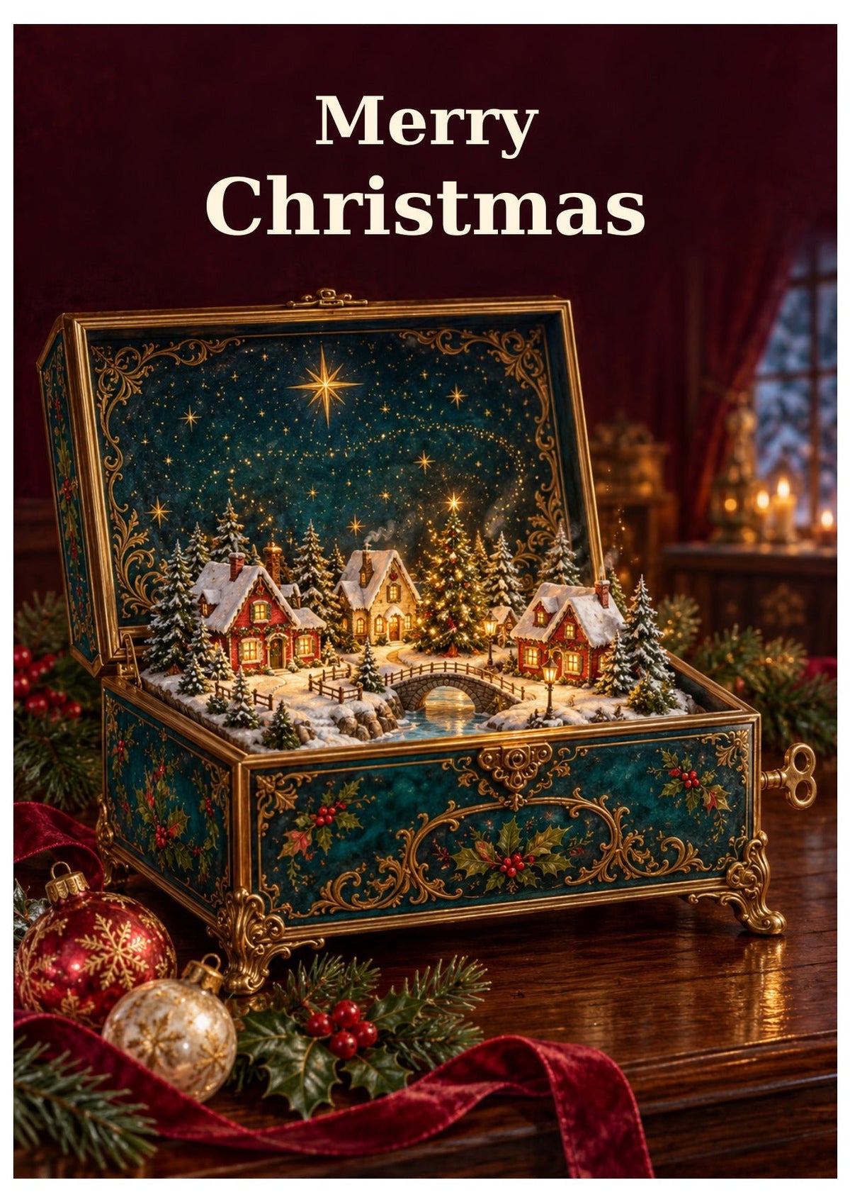 Ornate green and gold music box containing a miniature snowy village, beneath Merry Christmas lettering.