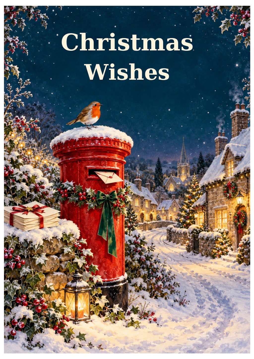 Robin on a decorated red postbox in a snowy village, beneath Christmas Wishes lettering.