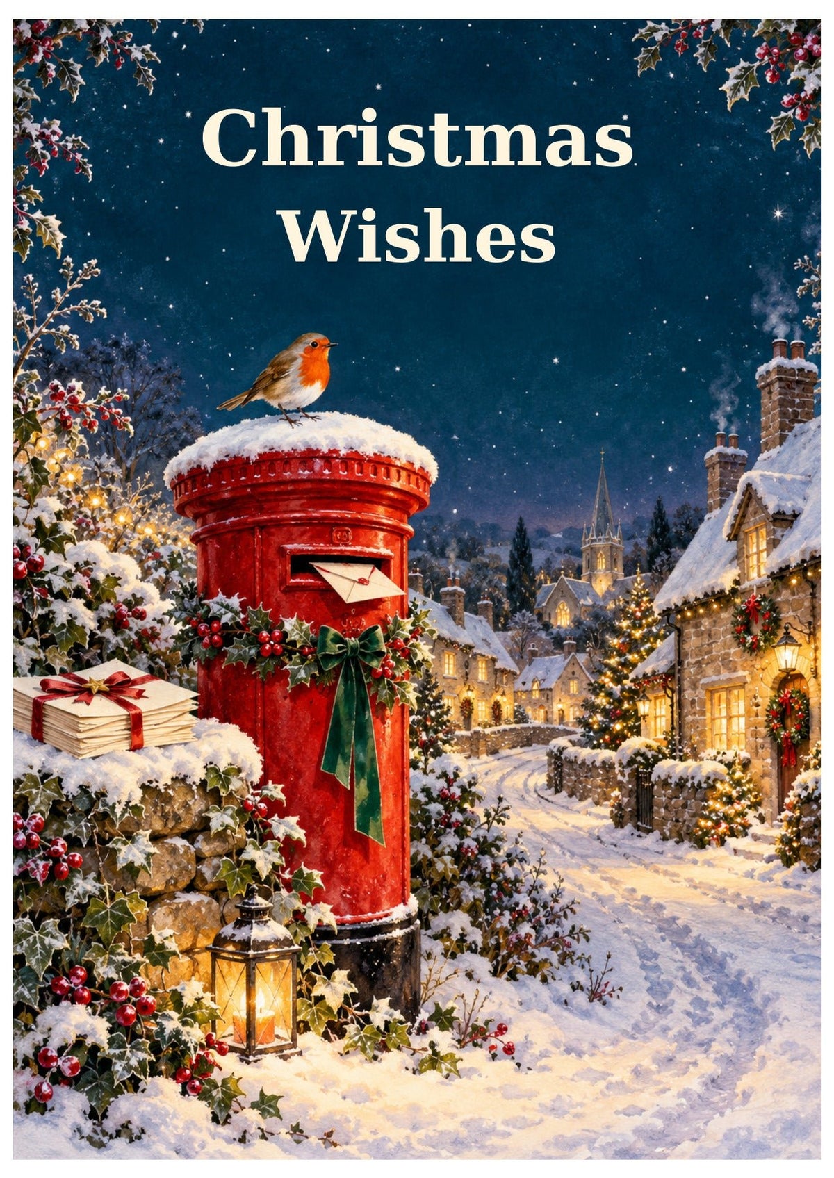 Robin on a decorated red postbox in a snowy village, beneath Christmas Wishes lettering.