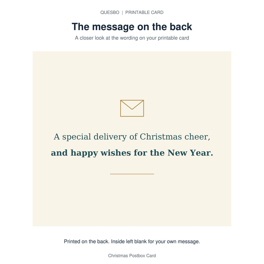 Printed message on the back of the PDF card: A special delivery of Christmas cheer, and happy wishes for the New Year. The inside is blank for your own handwritten message.