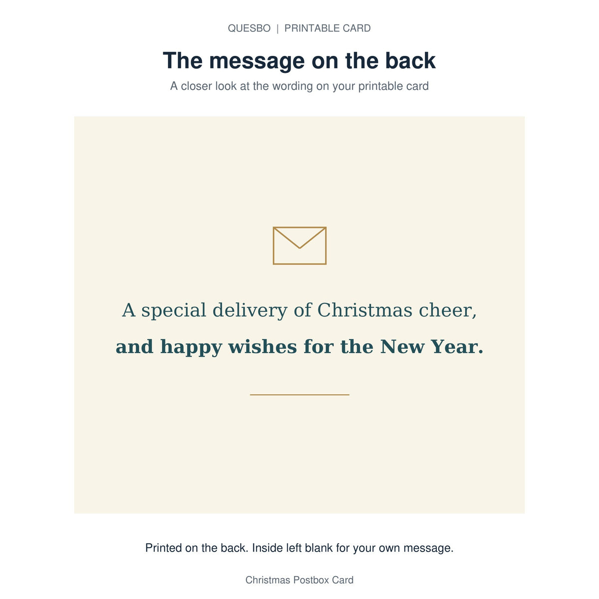 Printed message on the back of the PDF card: A special delivery of Christmas cheer, and happy wishes for the New Year. The inside is blank for your own handwritten message.