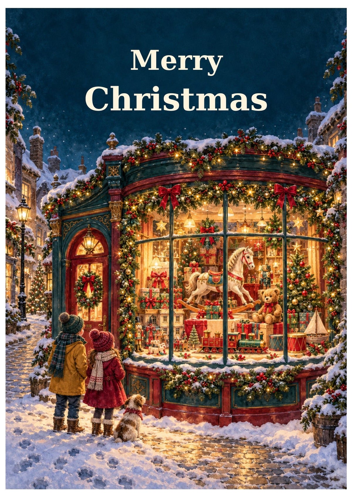 Children looking into a decorated toyshop window on a snowy street, with Merry Christmas lettering.