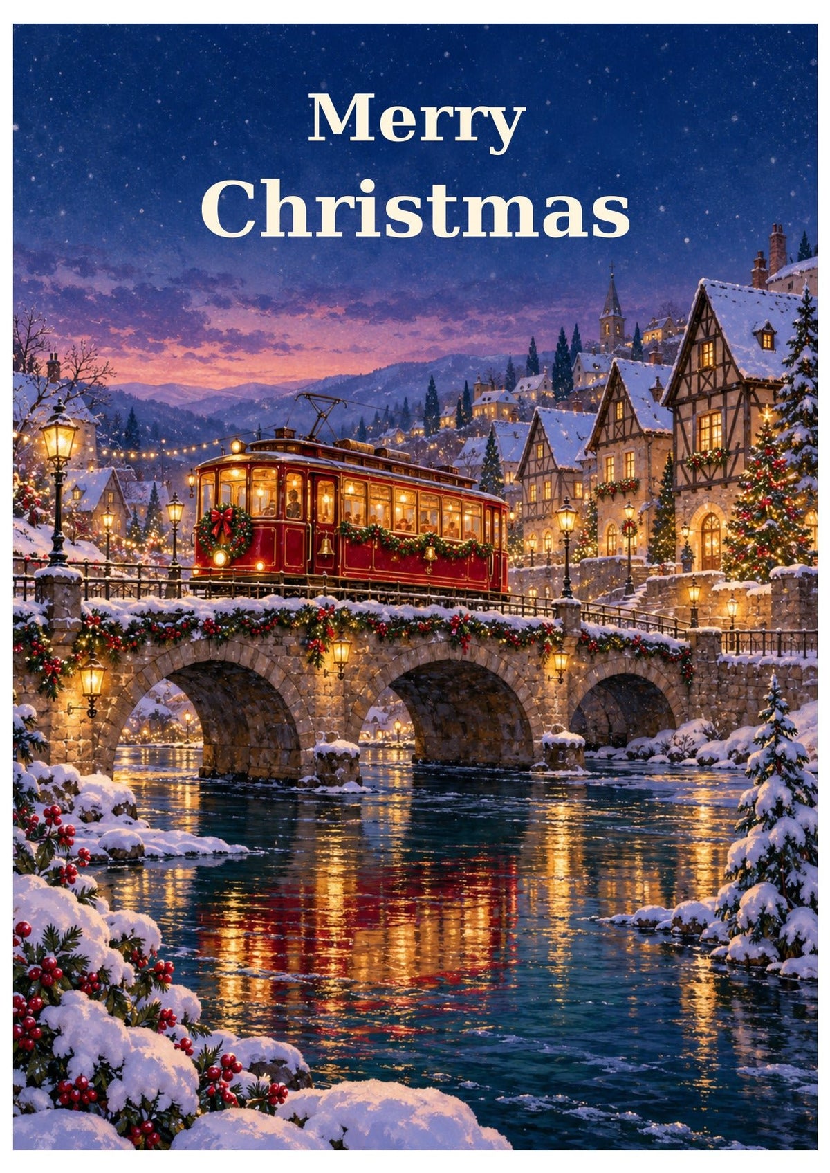 Tram and bridge Christmas card with Merry Christmas lettering.