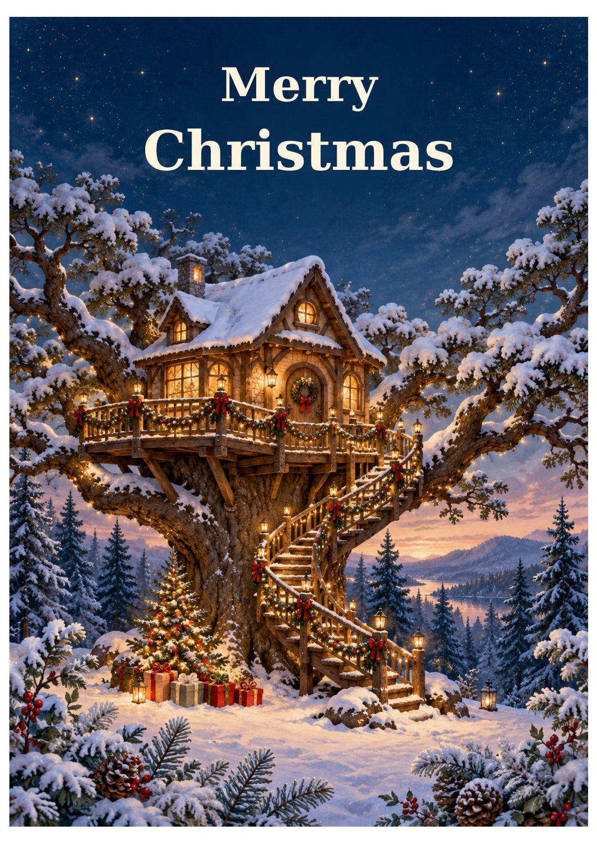 Treehouse-themed Christmas card with Merry Christmas lettering.