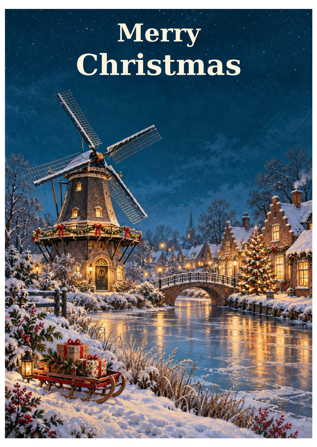 Windmill and canal Christmas card with Merry Christmas lettering.
