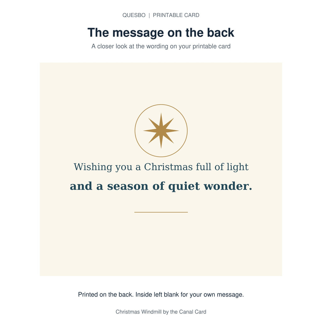 Printed message on the back of the PDF card: Wishing you a Christmas full of light and a season of quiet wonder. The inside is blank for your own handwritten message.