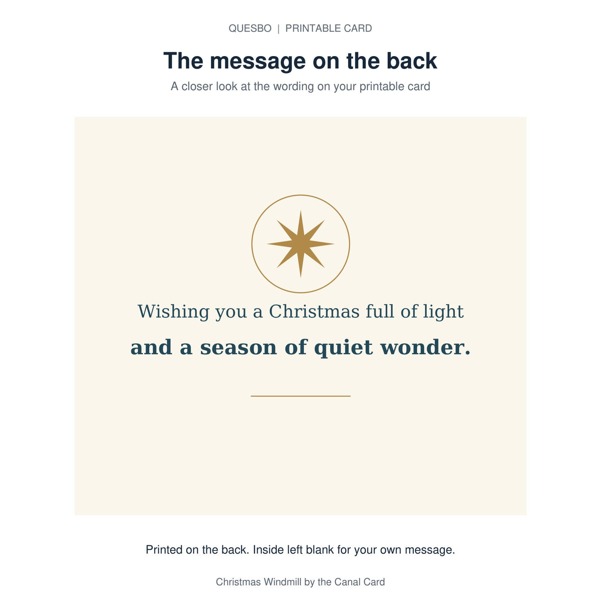 Printed message on the back of the PDF card: Wishing you a Christmas full of light and a season of quiet wonder. The inside is blank for your own handwritten message.